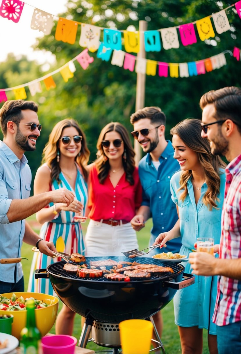 A vibrant outdoor barbecue with friends, filled with colorful decorations, sizzling food on the grill, and couples enjoying the lively atmosphere