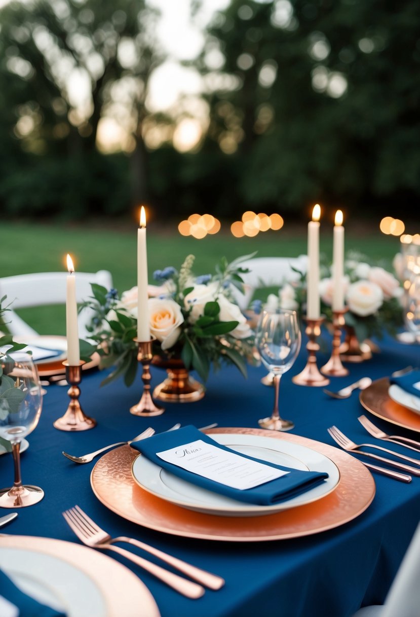 A navy blue and copper wedding scene with elegant table settings, floral arrangements, and shimmering candlelight