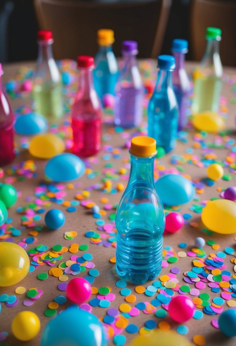 A table scattered with colorful bubble bottles, surrounded by confetti and small toys