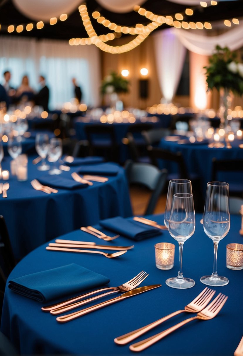 Navy blue tablecloths adorned with shiny copper cutlery on a wedding reception table