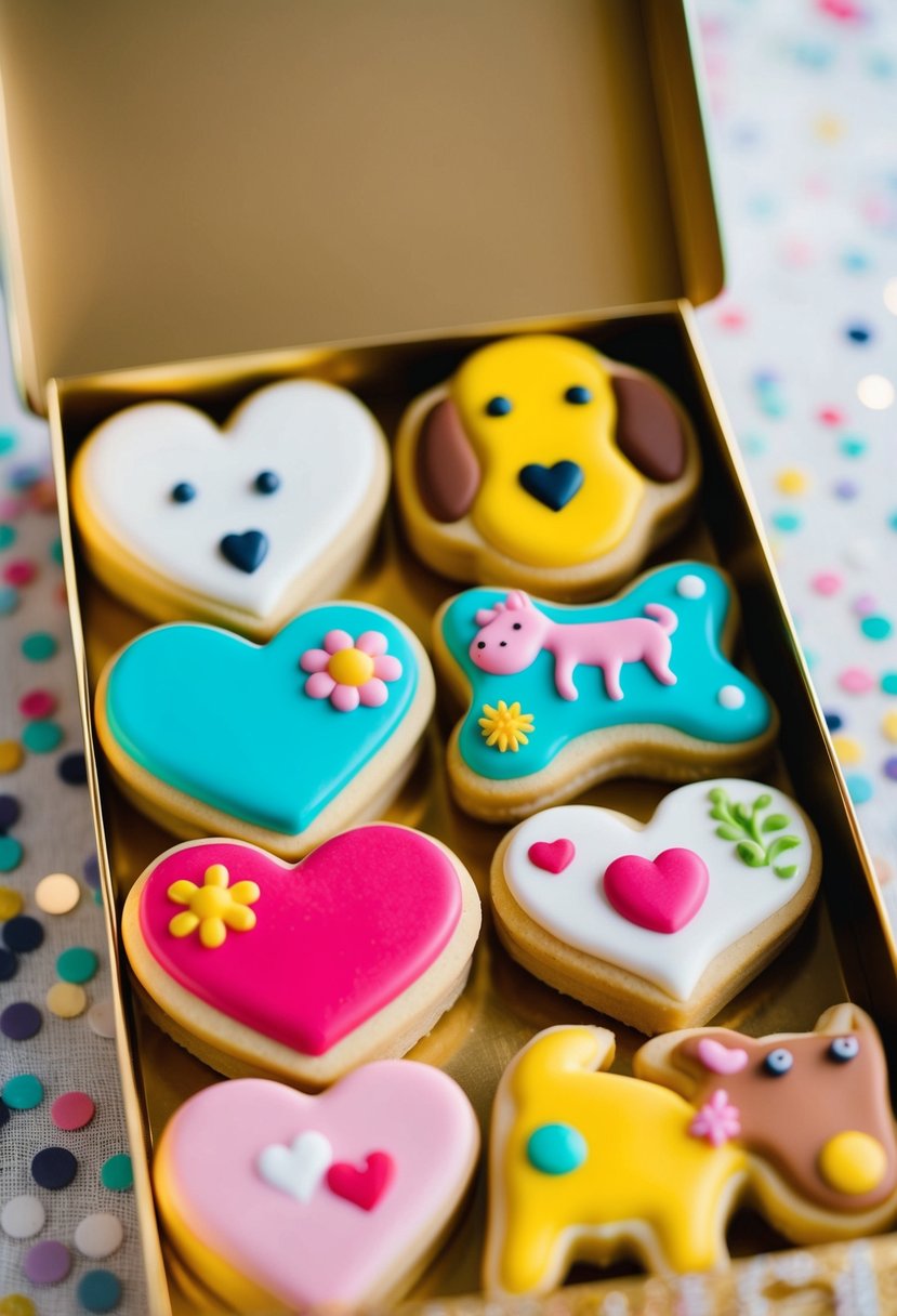 Colorful cookies arranged in a decorative box, each with a unique design like hearts, flowers, and animals, ready to be handed out as wedding favors for kids