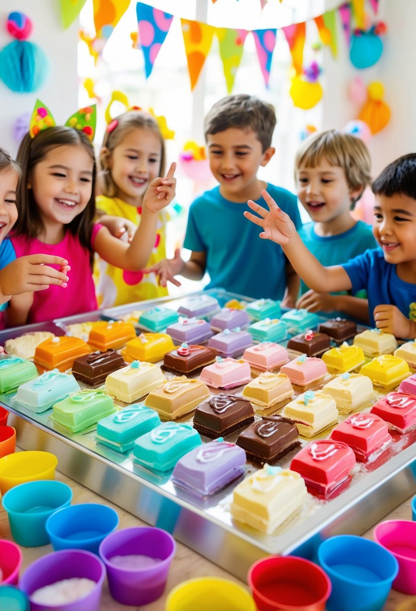 A colorful display of ice cream bars arranged on a table, surrounded by playful decorations and cheerful kids reaching for their favorite flavors