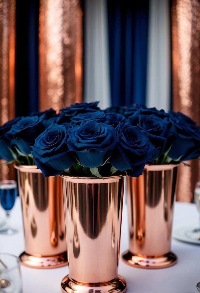 Copper vases filled with navy roses, set against a backdrop of navy blue and copper wedding decor