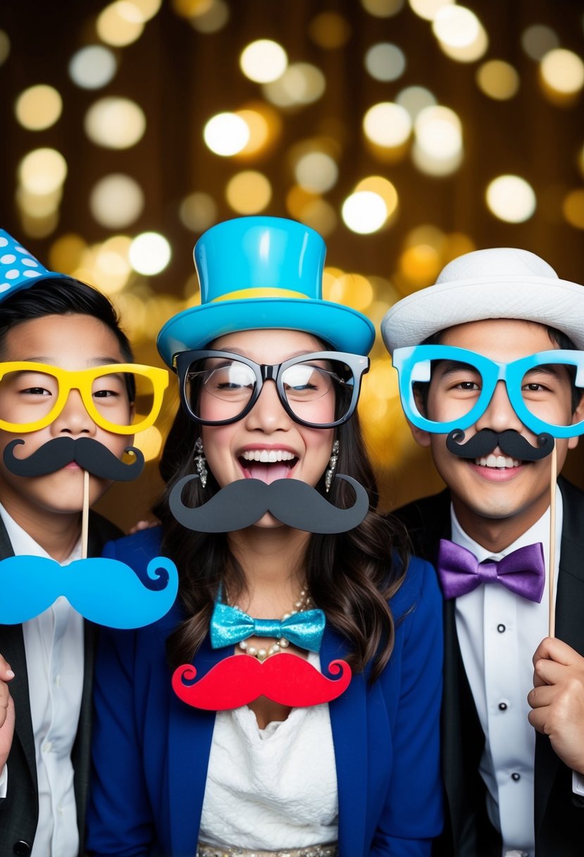 A photo booth filled with comical props, such as oversized glasses, funny hats, and silly mustaches, set up as wedding favors for kids