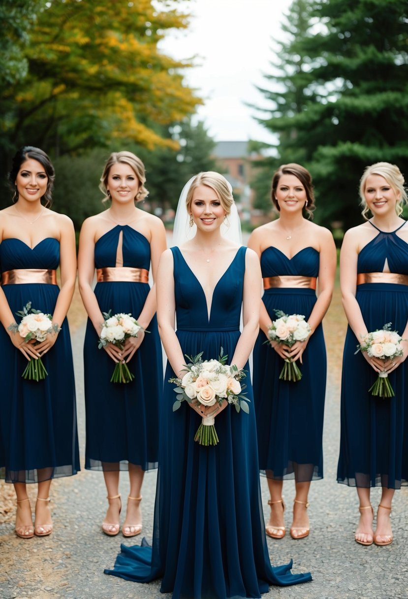 Navy blue bridesmaid dresses with copper accessories in a wedding setting