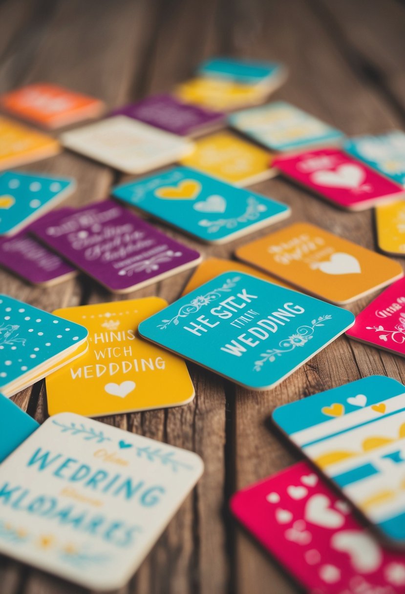 Colorful scratch bookmarks scattered with wedding-themed designs