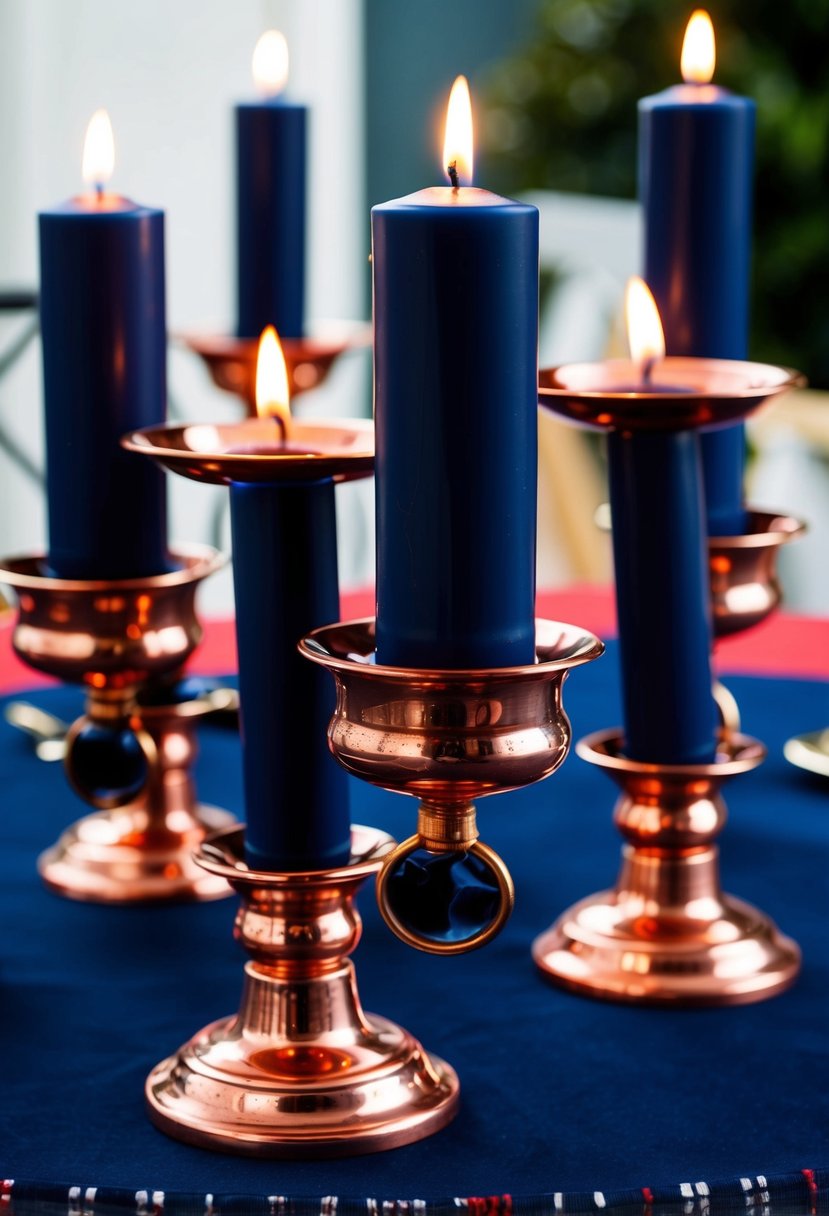 Copper candle holders with navy candles arranged on a navy blue tablecloth