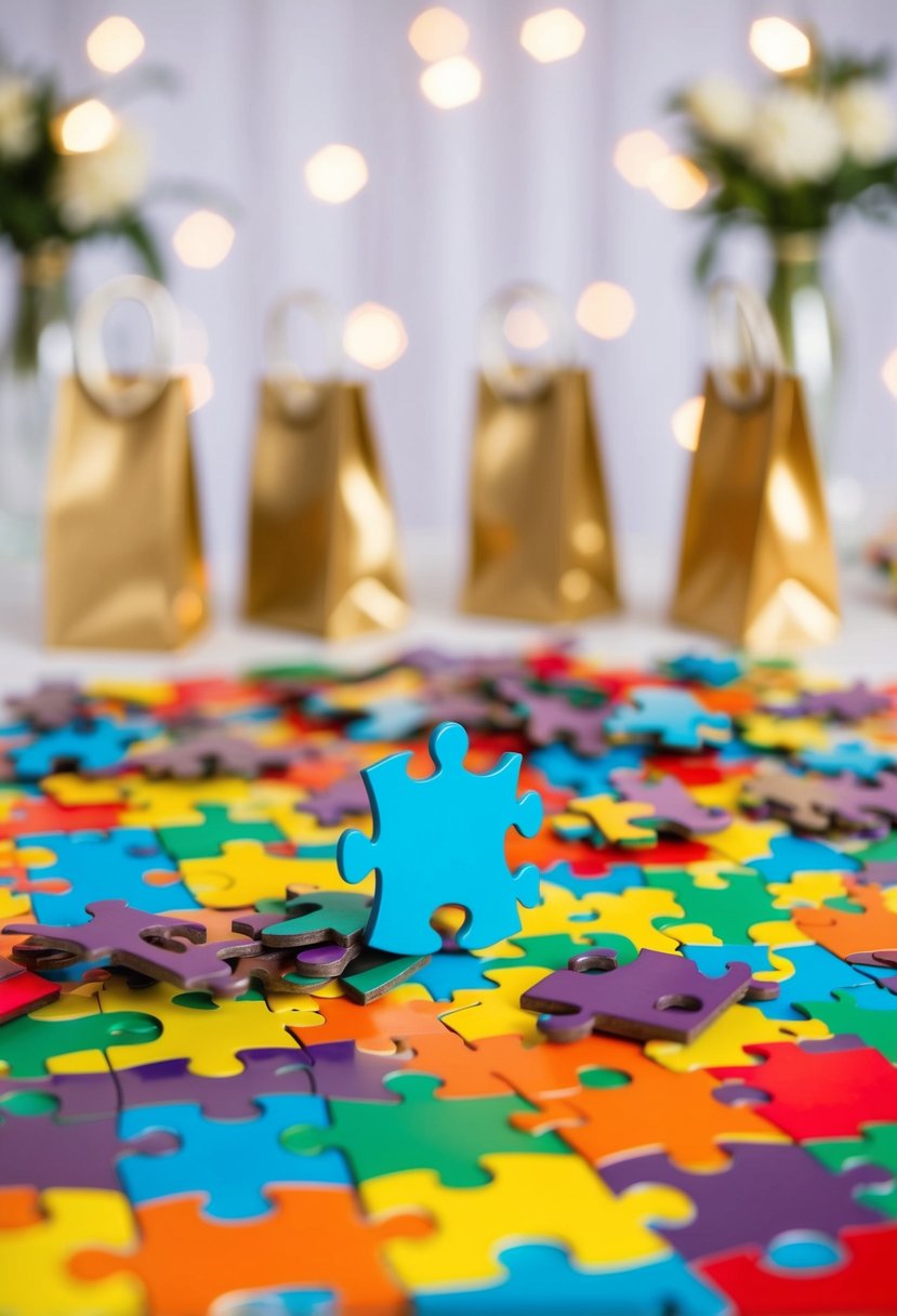 Colorful mini puzzle pieces scattered on a table with small gift bags and wedding decor in the background