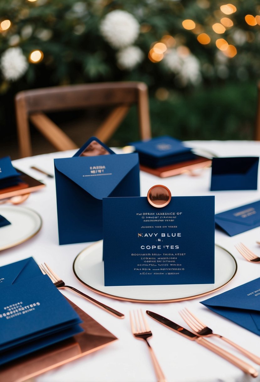 Navy blue invitations with copper accents arranged on a table