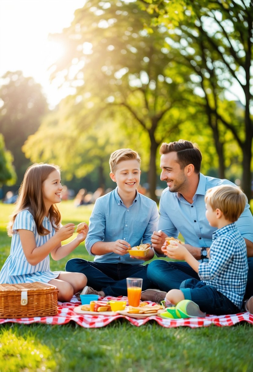 A couple and their kids enjoy a picnic in a sunny park, playing games and sharing snacks