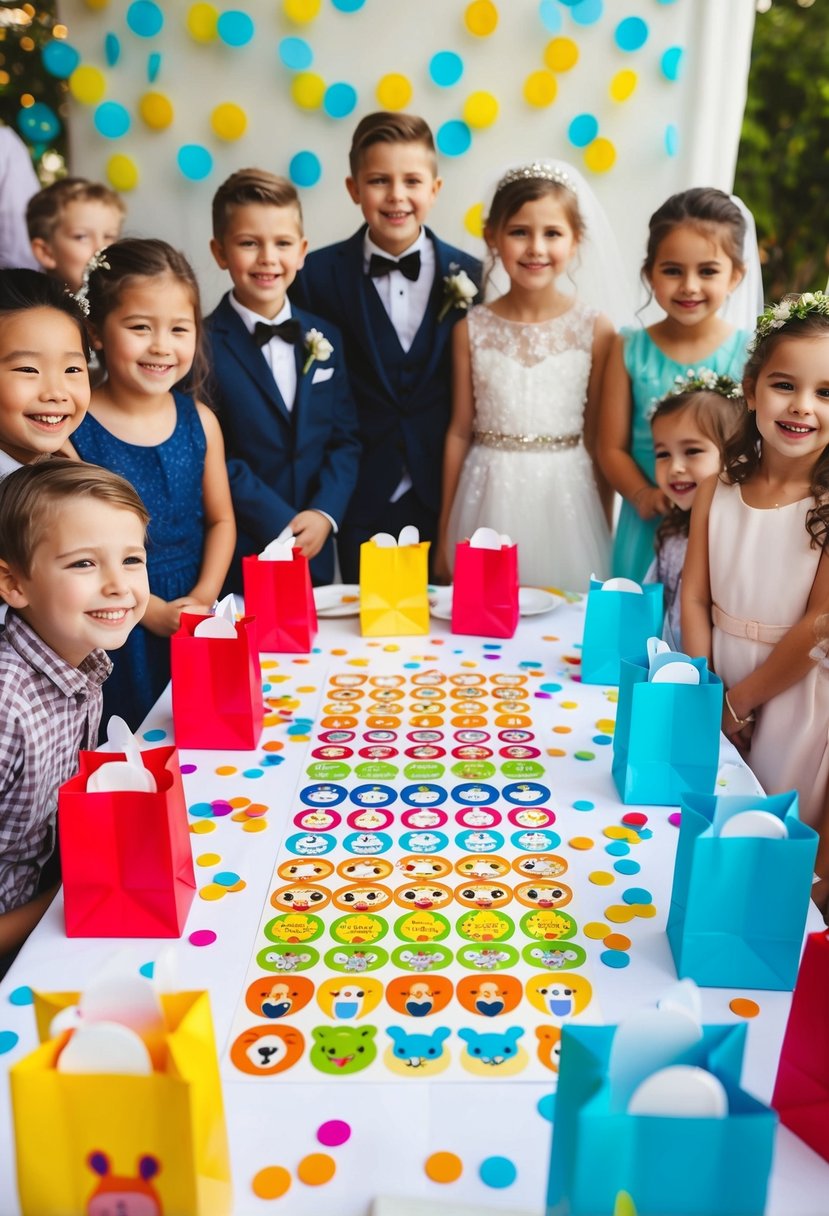 Colorful animal stickers arranged on a table with small gift bags and confetti, surrounded by happy children at a wedding