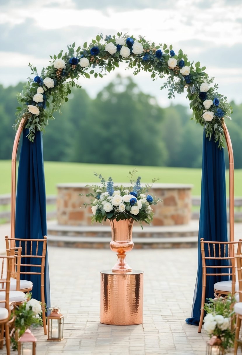 A copper arch adorned with navy blue and copper decor for a wedding ceremony