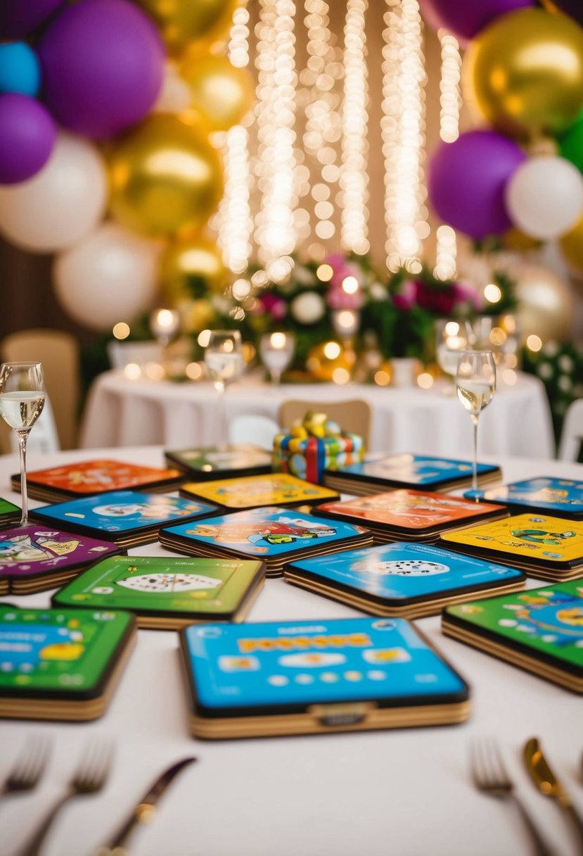 A group of colorful mini board games arranged on a table, surrounded by festive wedding decor