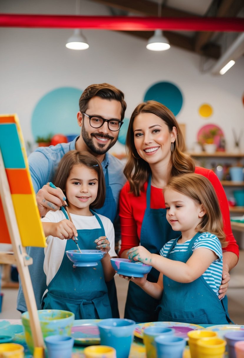 A couple and their children painting pottery together at a colorful studio