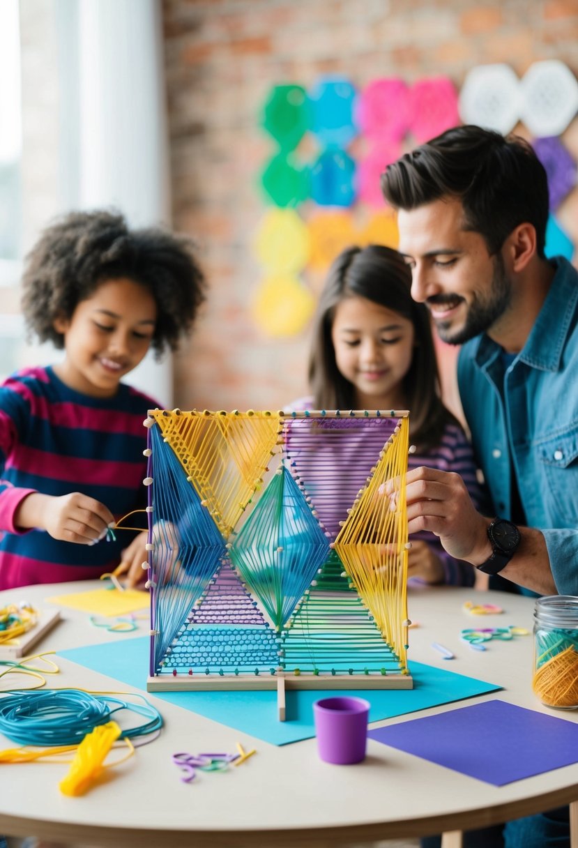 A colorful string art project with geometric patterns, set on a table with art supplies scattered around, as a couple and their kids work together