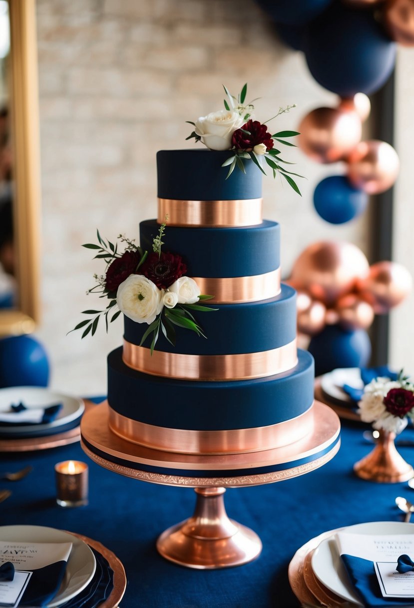 A navy and copper wedding cake adorned with floral accents sits on a table, surrounded by navy blue and copper color-themed decorations