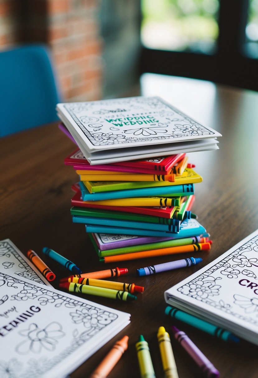 A pile of wedding-themed coloring books and crayons on a table