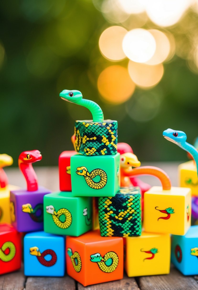 A group of colorful Snake Cubes arranged as wedding favors for kids