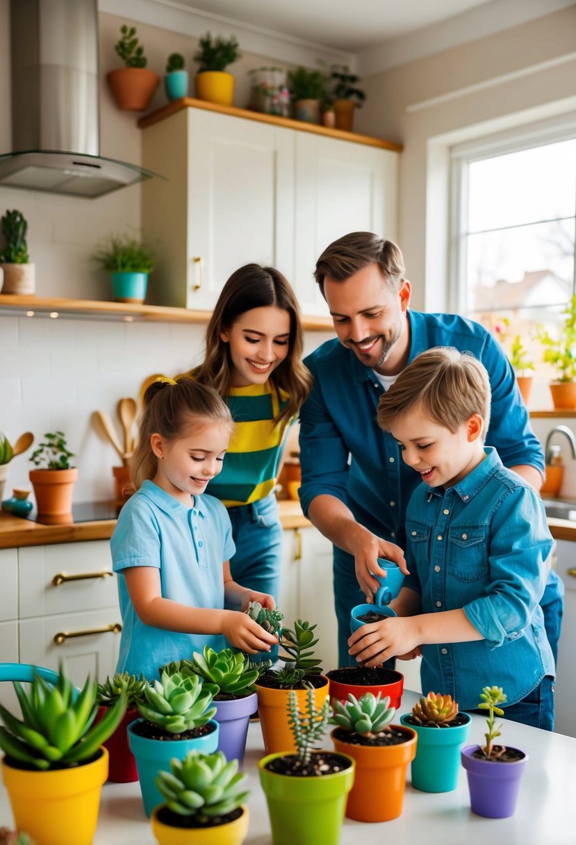 A cozy kitchen with colorful pots and various succulents arranged on a table, while a couple and their kids happily plant and water the tiny garden together