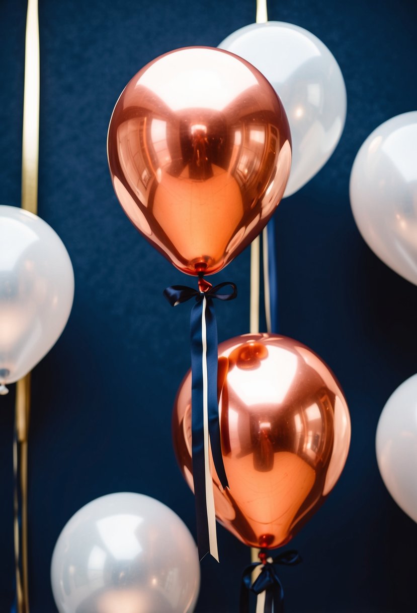 Copper balloons tied with navy ribbons float against a navy blue backdrop