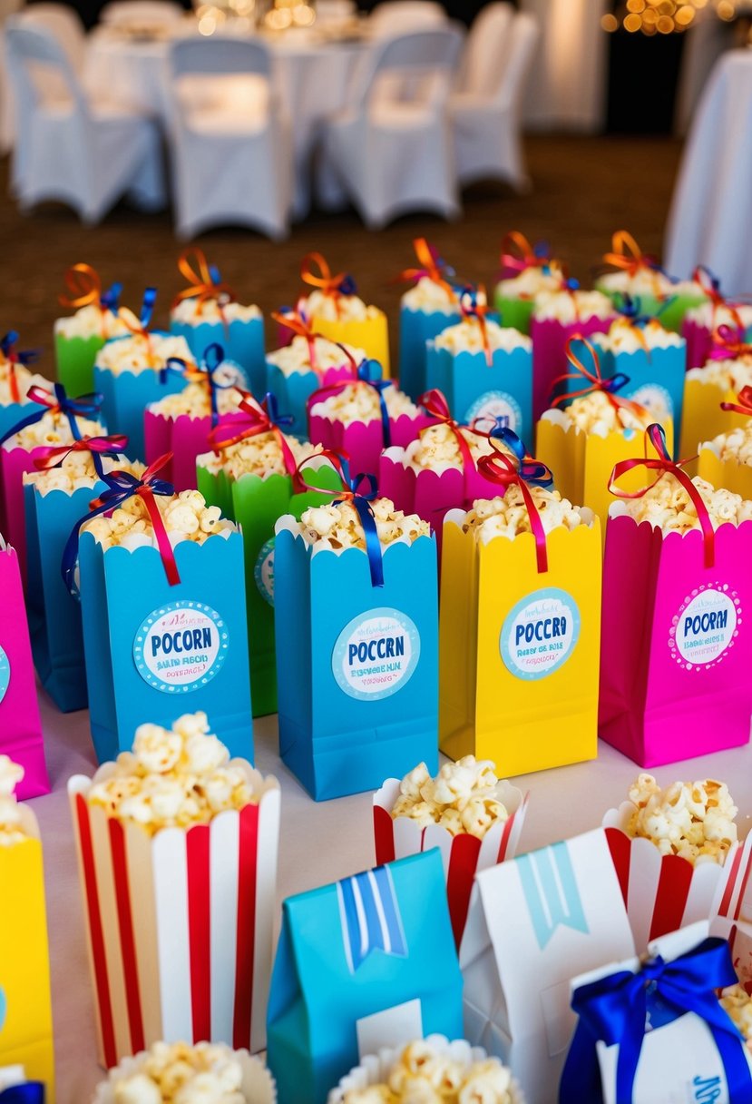 A colorful array of popcorn bags arranged on a table, adorned with ribbons and stickers, ready to be handed out as wedding favors for kids