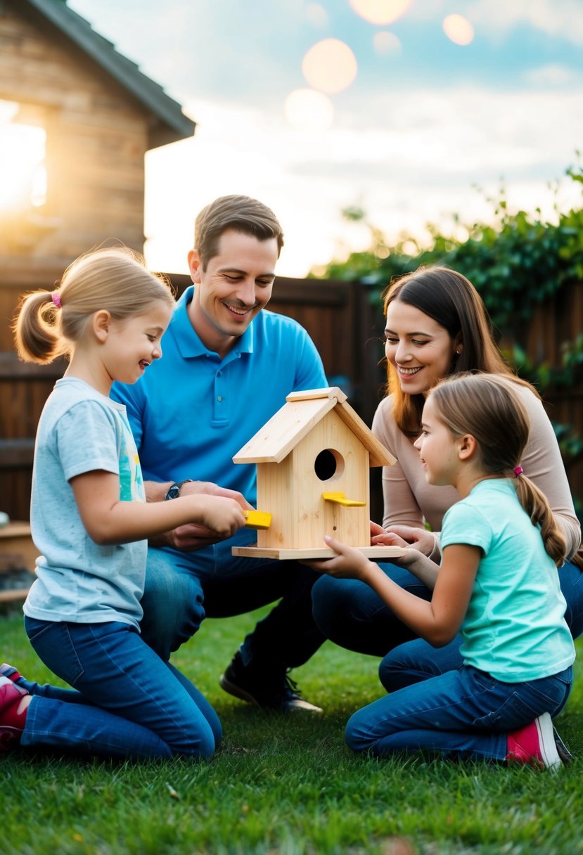 A couple and their kids building a birdhouse together in the backyard