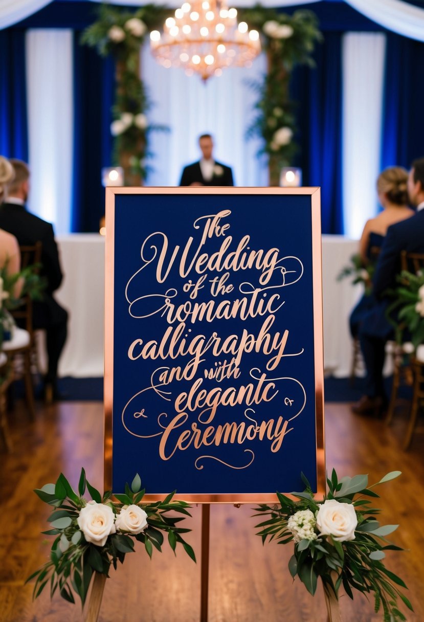 Navy blue wedding signs with elegant copper calligraphy decorate a romantic ceremony space