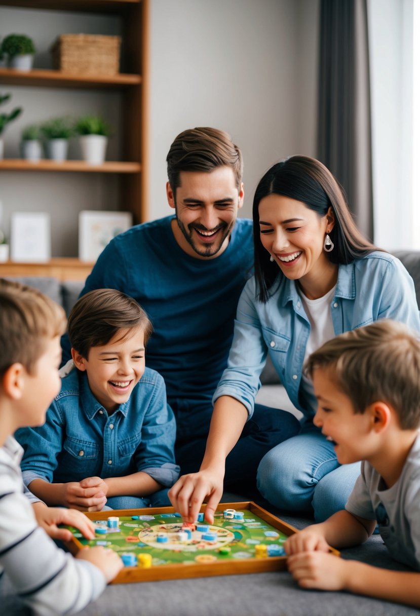 A couple and their kids gather around a board game, laughing and enjoying each other's company in their cozy living room