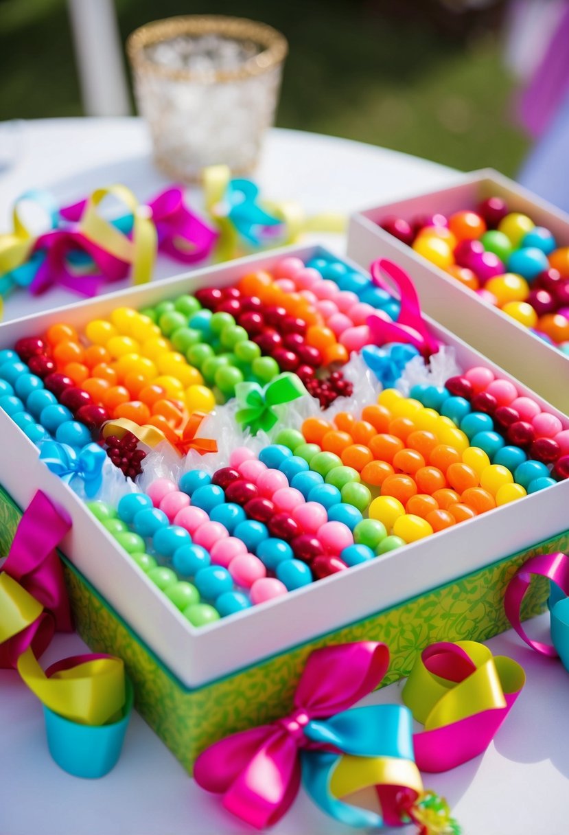 A colorful display of candy necklaces arranged in a decorative box, with ribbons and bows, ready to be handed out as wedding favors for kids