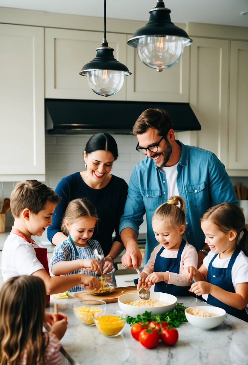 A couple and their children gather around a kitchen island, mixing ingredients and laughing as they create a new recipe together