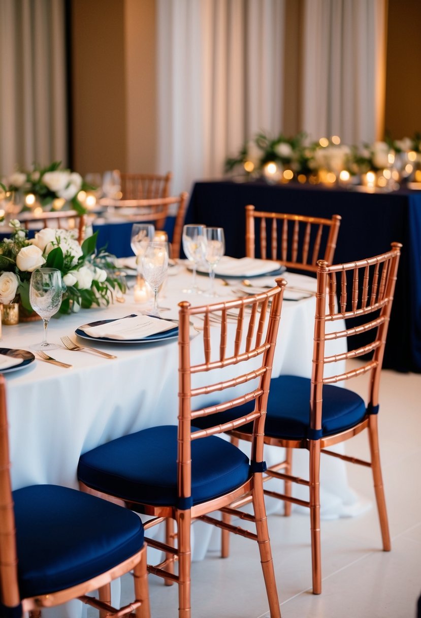 Copper chairs with navy blue cushions arranged in an elegant wedding reception setting