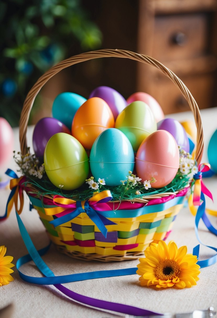 A pile of Kinder Eggs arranged in a decorative basket with colorful ribbons and flowers, ready to be given as wedding favors for kids