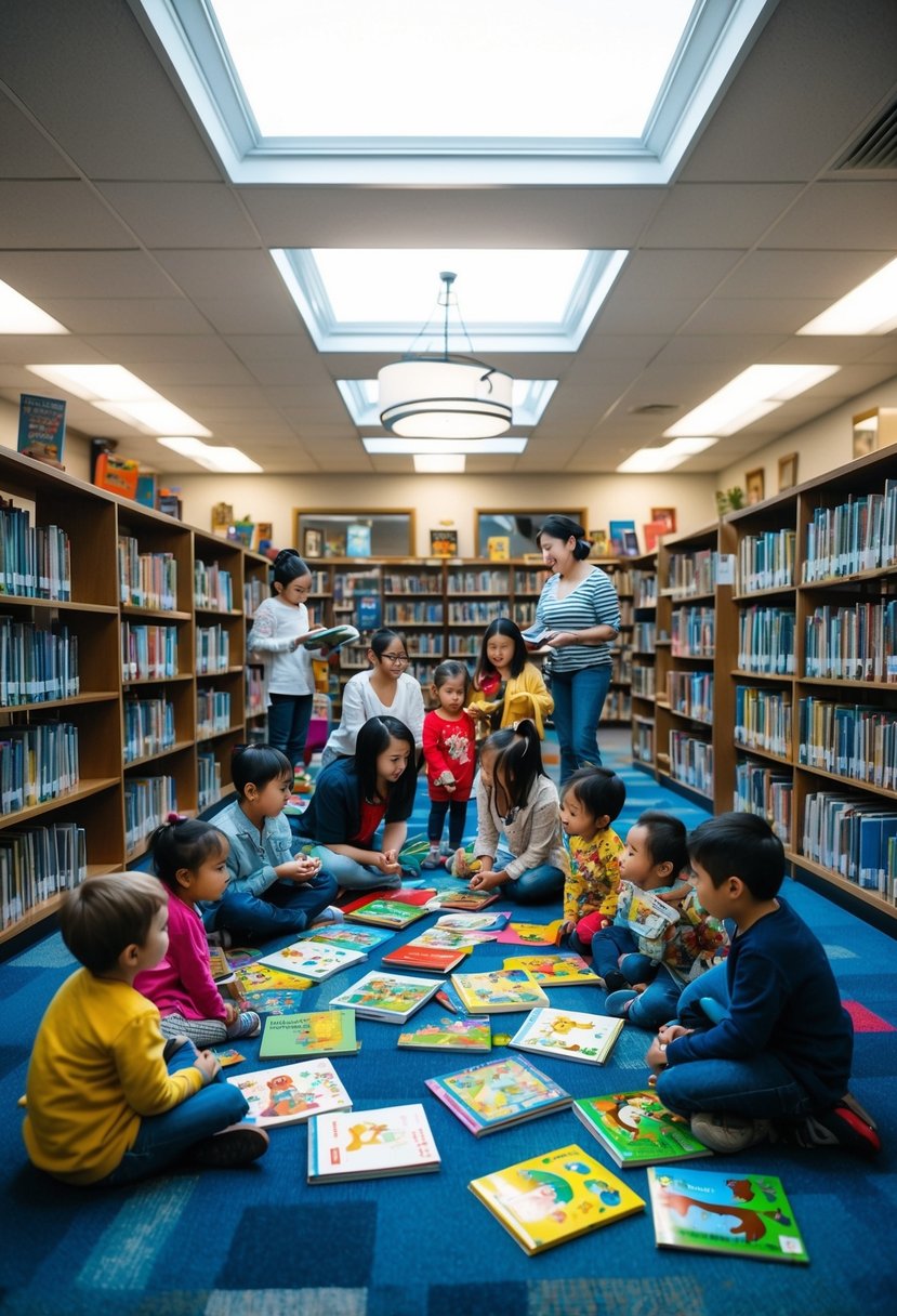 A cozy local library filled with colorful storybooks and a group of families gathered around for storytime