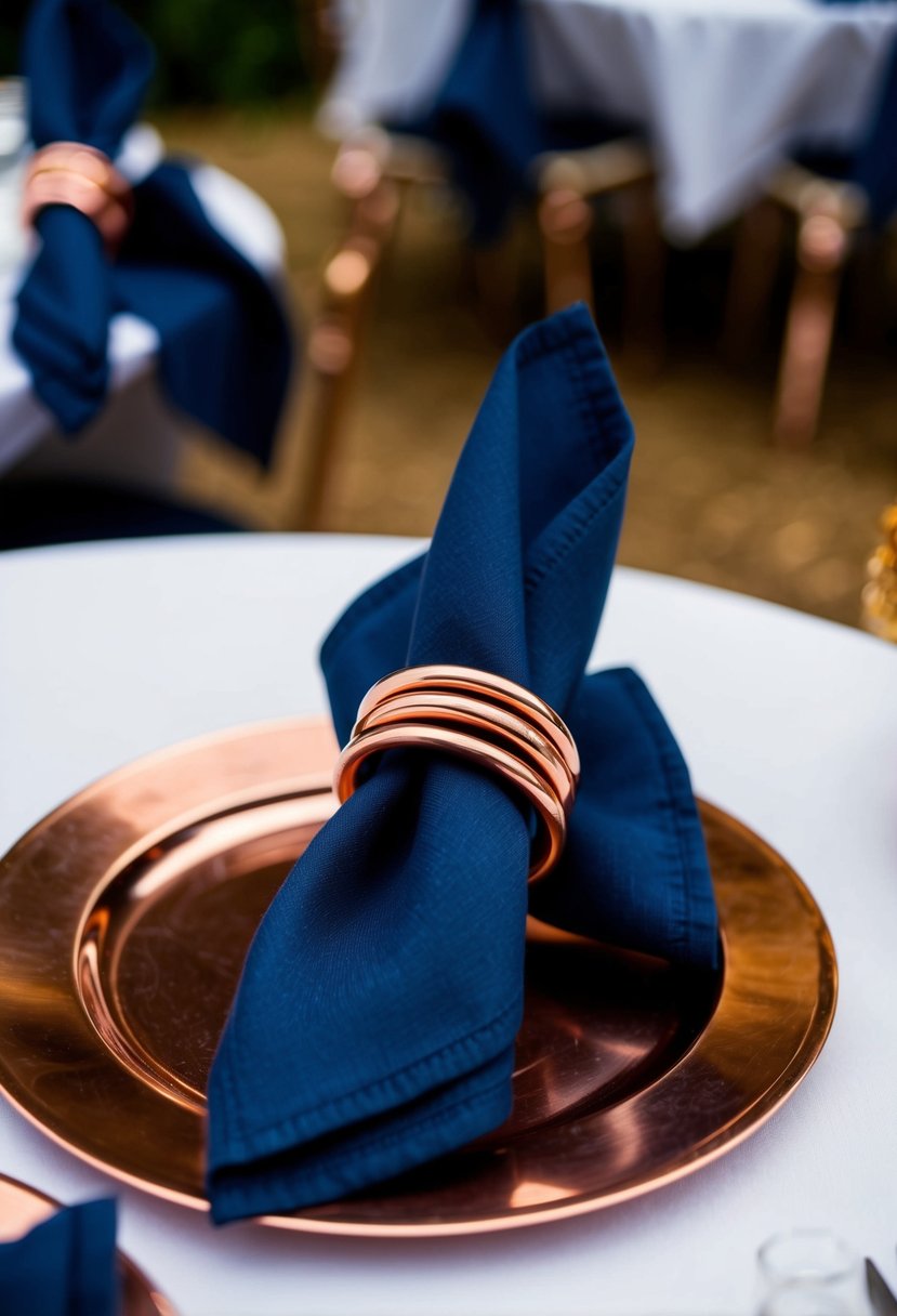 Navy blue napkins arranged with copper rings on a table