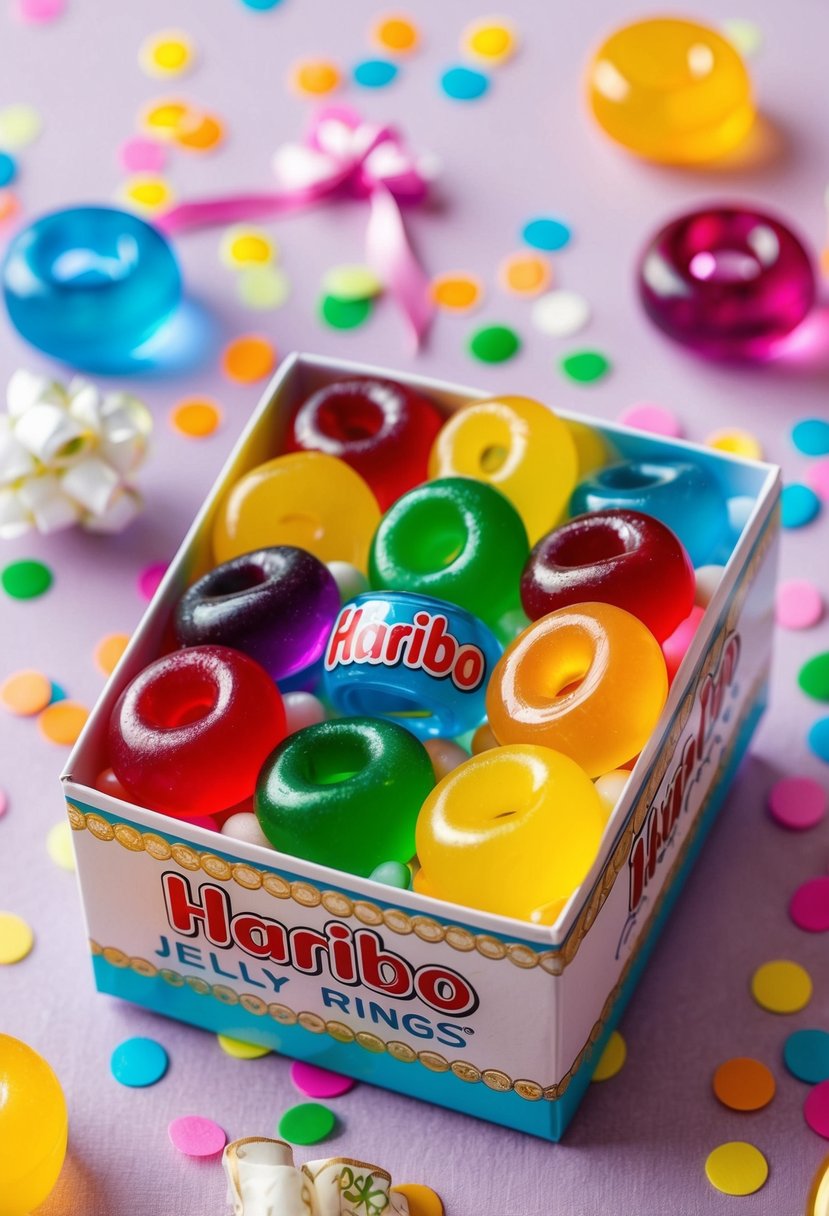 A colorful display of Haribo Jelly Rings arranged in a decorative favor box, surrounded by playful wedding-themed elements like confetti and tiny bows