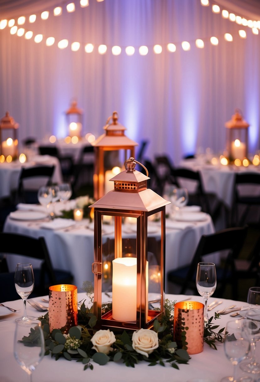 Copper lanterns with navy interiors illuminate a wedding reception, casting a warm, romantic glow