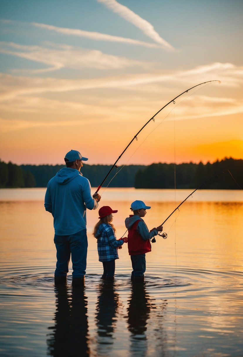 A couple and their kids fishing on a tranquil lake at sunrise