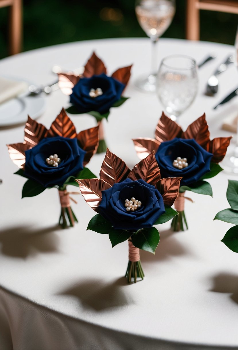 Navy blue boutonnières with copper leaves arranged in a wedding setting