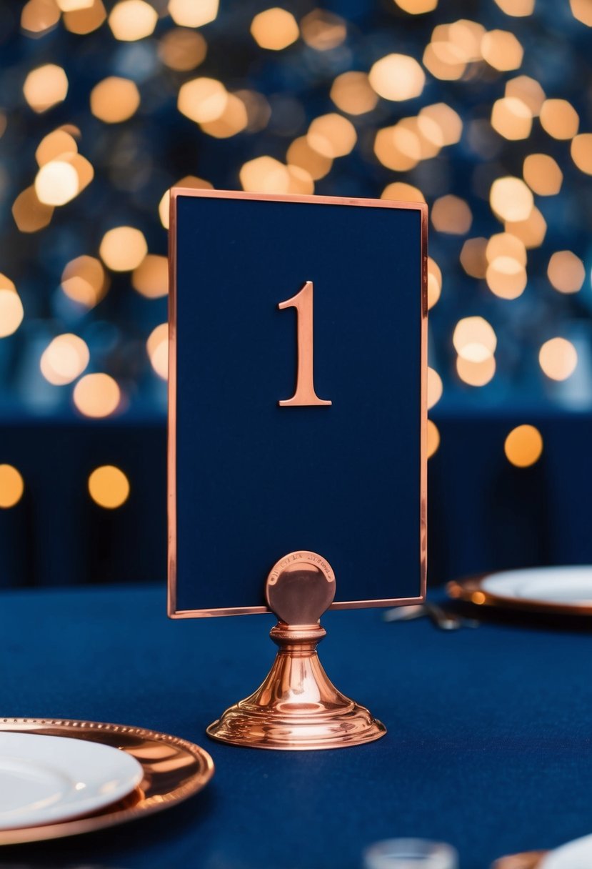 Copper table numbers on navy stands, set against a navy blue background