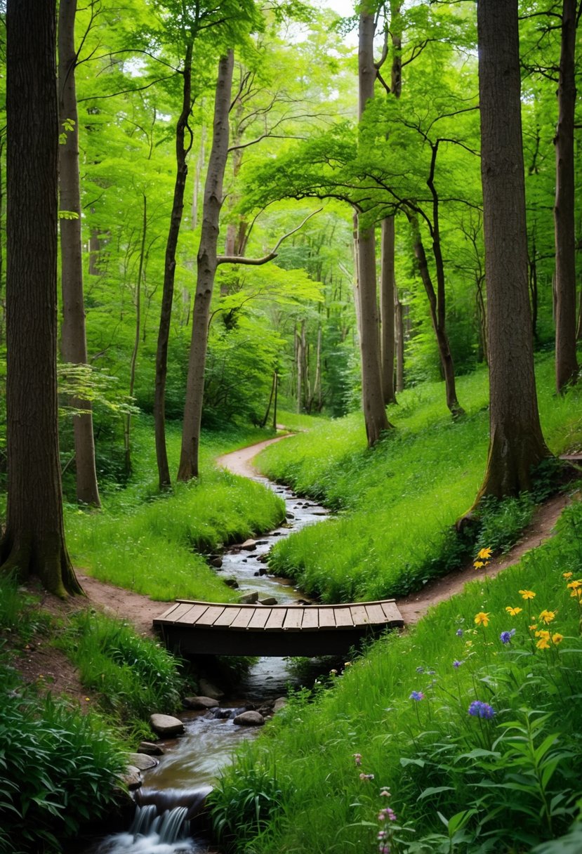 A winding trail through a lush forest, with a small stream and a bridge, surrounded by tall trees and vibrant wildflowers