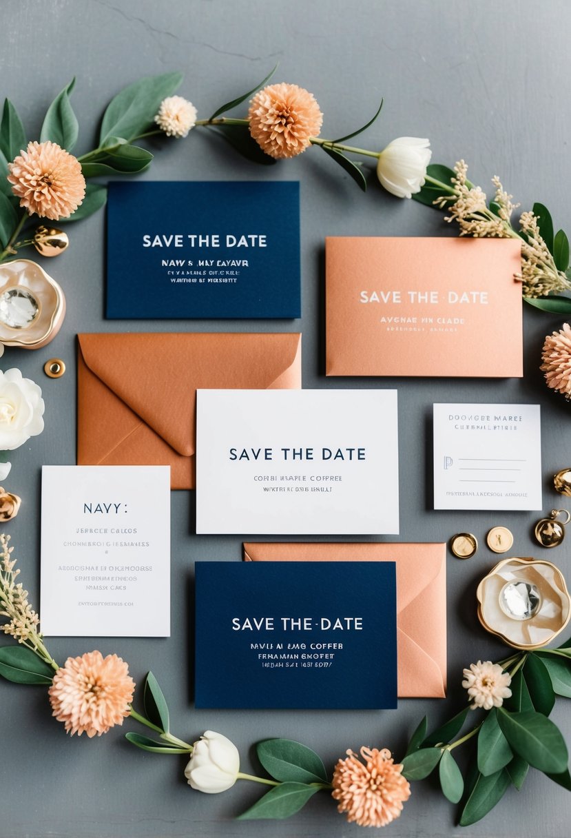 Navy and copper save-the-date cards arranged with coordinating wedding decor and floral elements