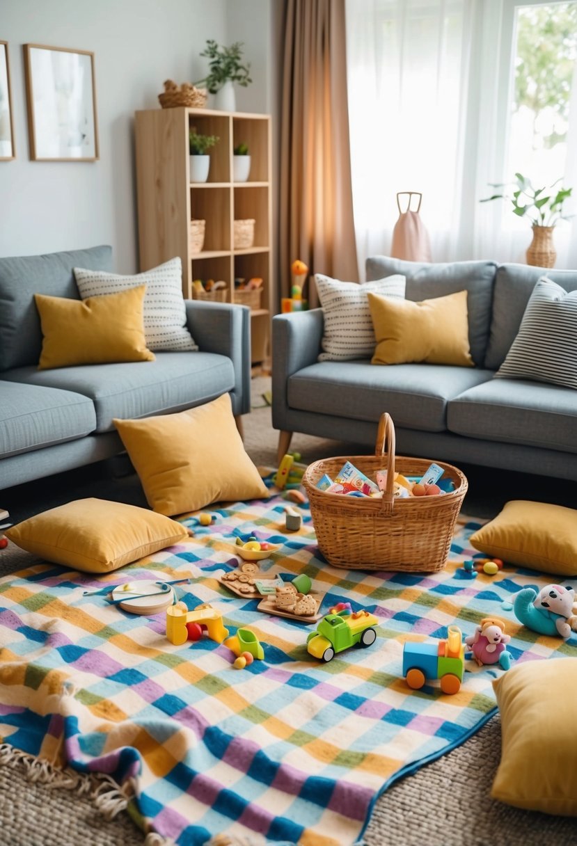 A cozy living room with a picnic blanket spread out on the floor, surrounded by cushions and a basket of snacks. Toys scattered around, creating a playful and relaxed atmosphere