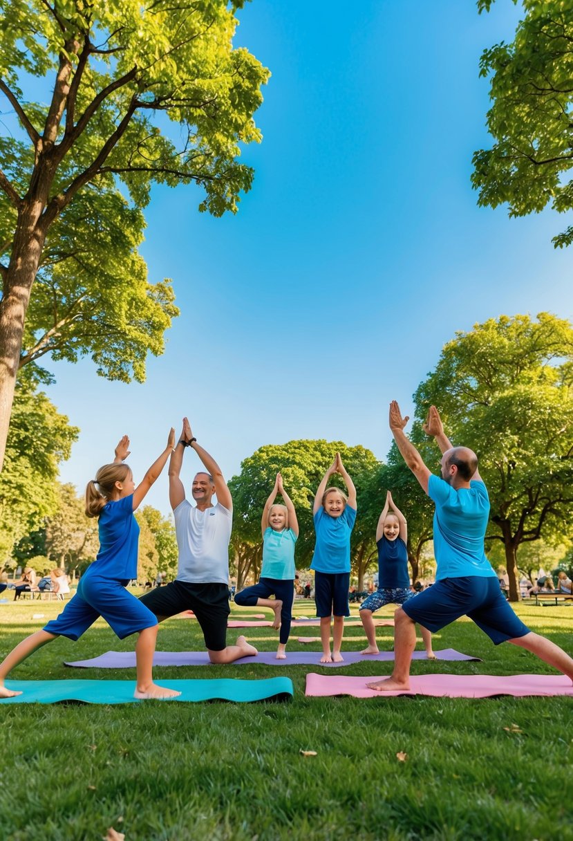 A family-friendly yoga session in a park, with couples and kids participating in various poses together, surrounded by trees and a bright blue sky