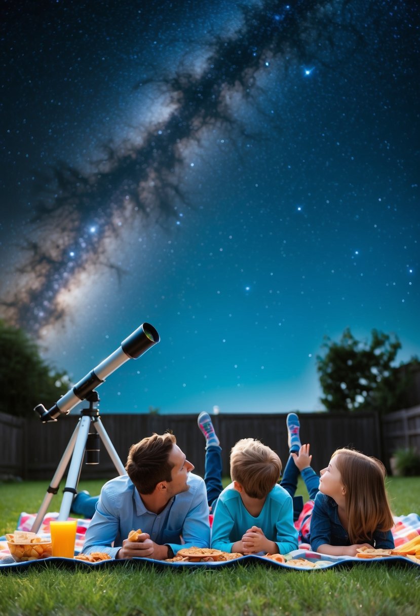 A couple and their children lay on a blanket in the backyard, gazing up at the stars. A telescope and snacks are scattered around them