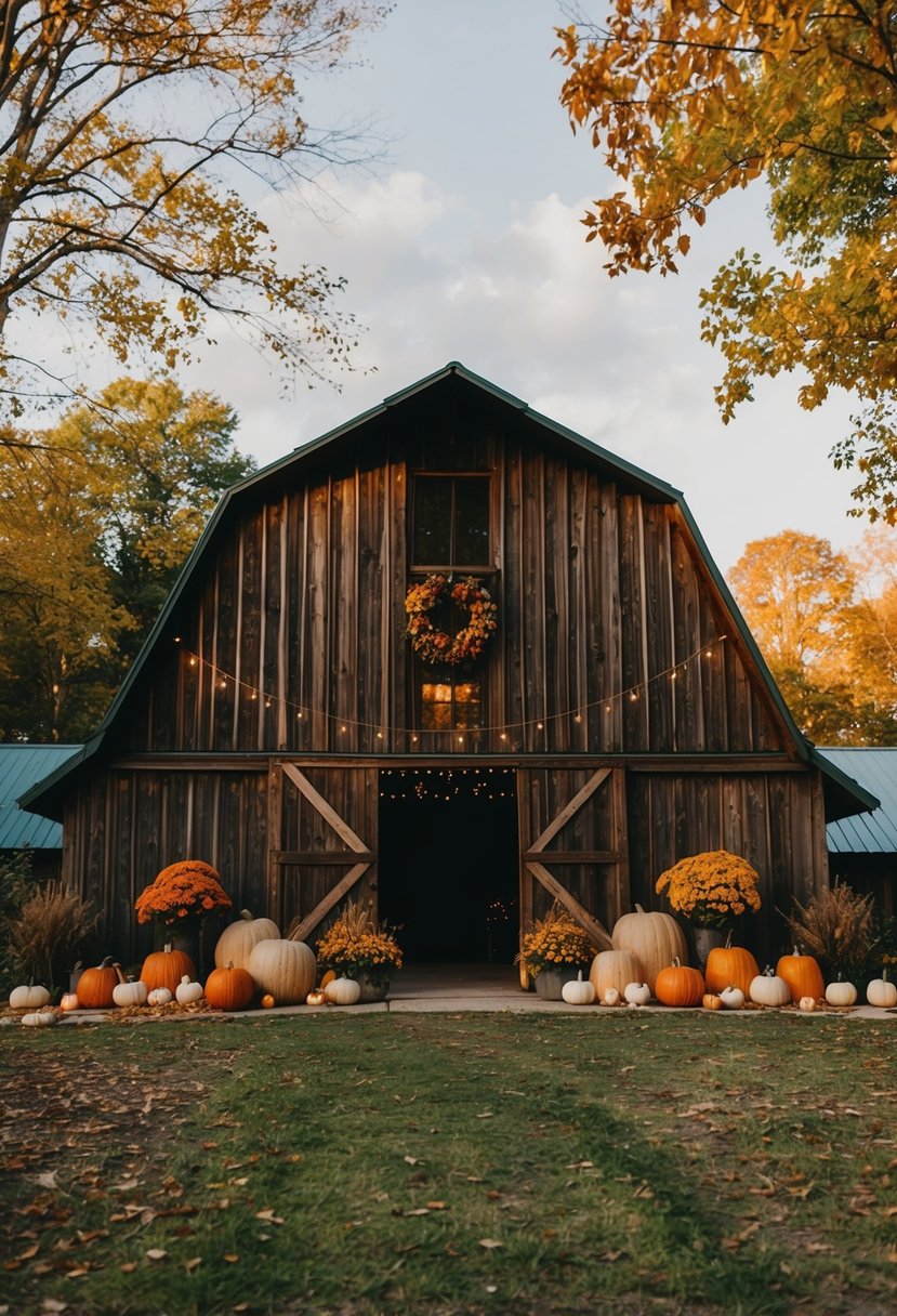 A rustic barn adorned with autumn colors, pumpkins, and twinkle lights for a cozy fall wedding