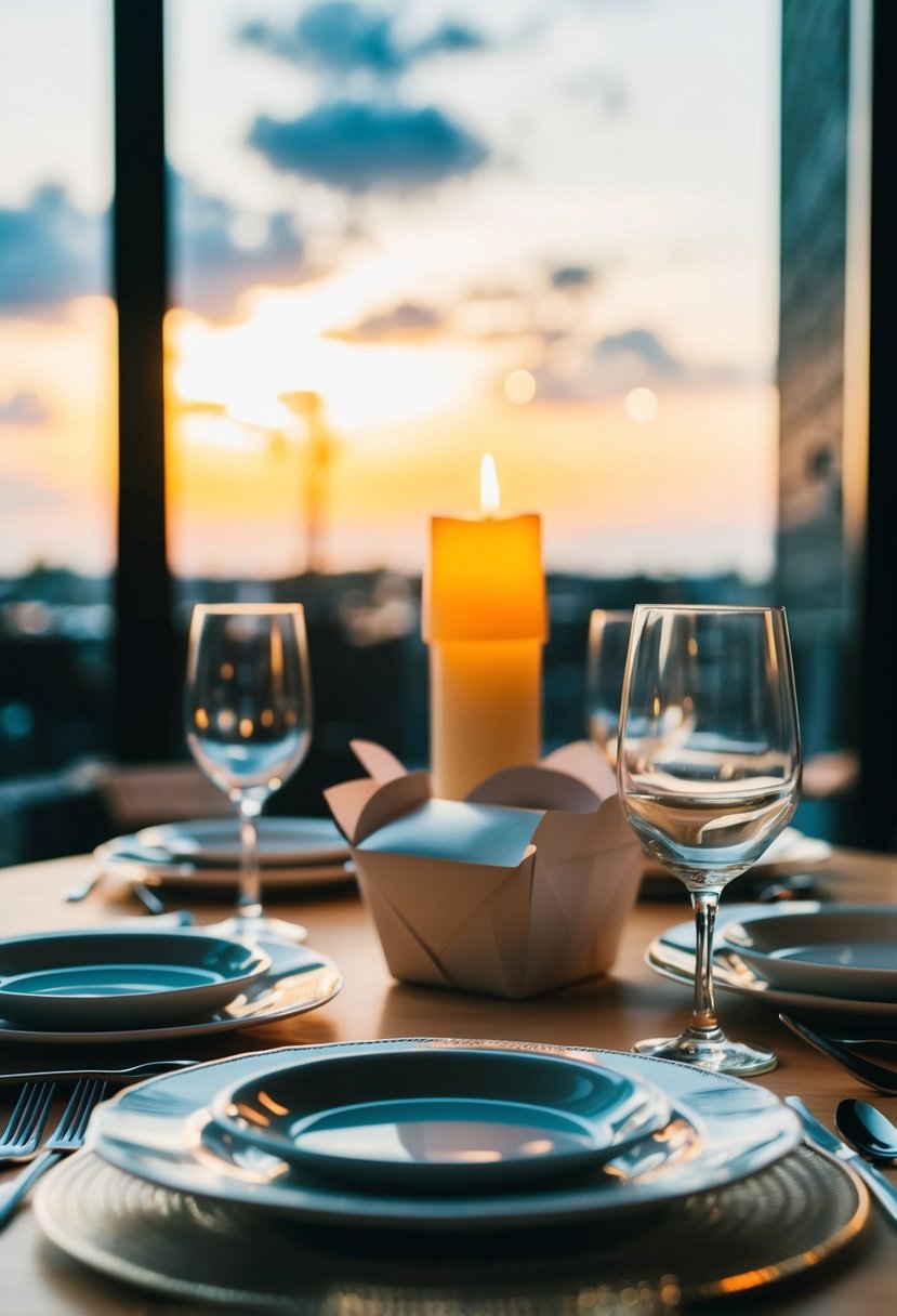 A table set with fancy dinnerware, a flickering candle, and takeout containers