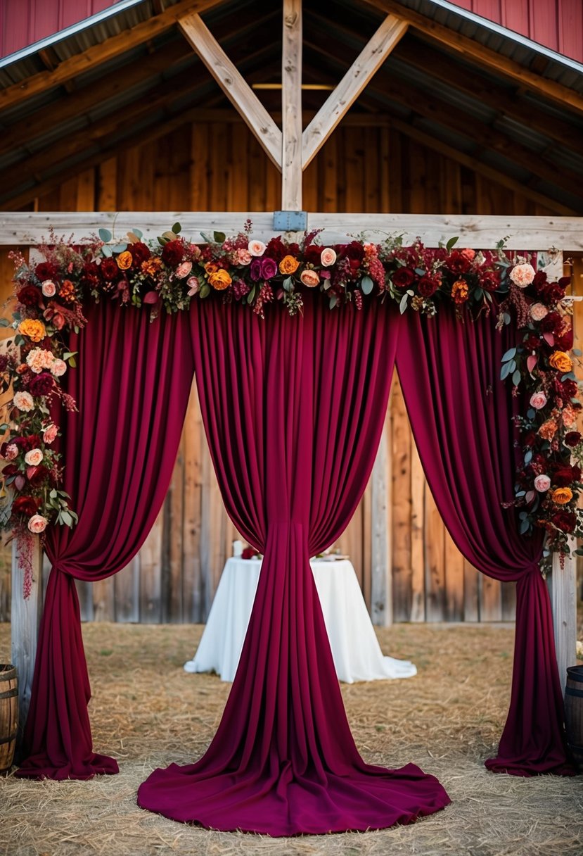 Burgundy drapery cascades around a rustic barn, setting the scene for a fall wedding with rich, warm colors