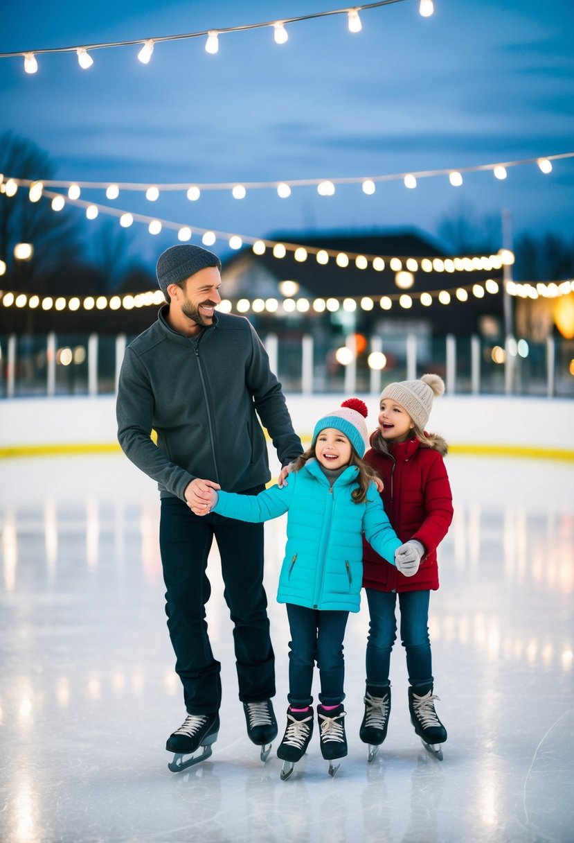 A couple and their kids glide on ice at a local rink, surrounded by twinkling lights and laughter