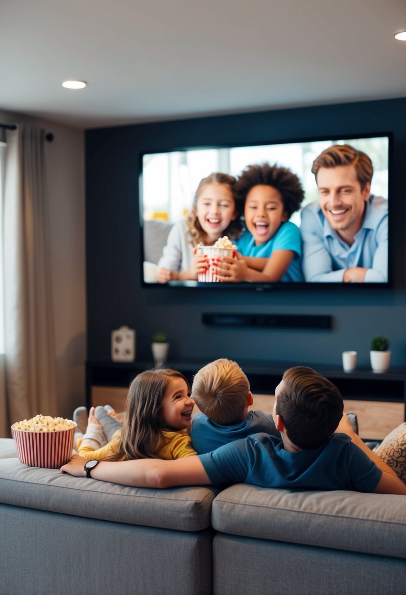 A cozy living room with a big screen TV, popcorn, and laughter. Kids snuggled up with their parents on the couch, enjoying a funny movie together