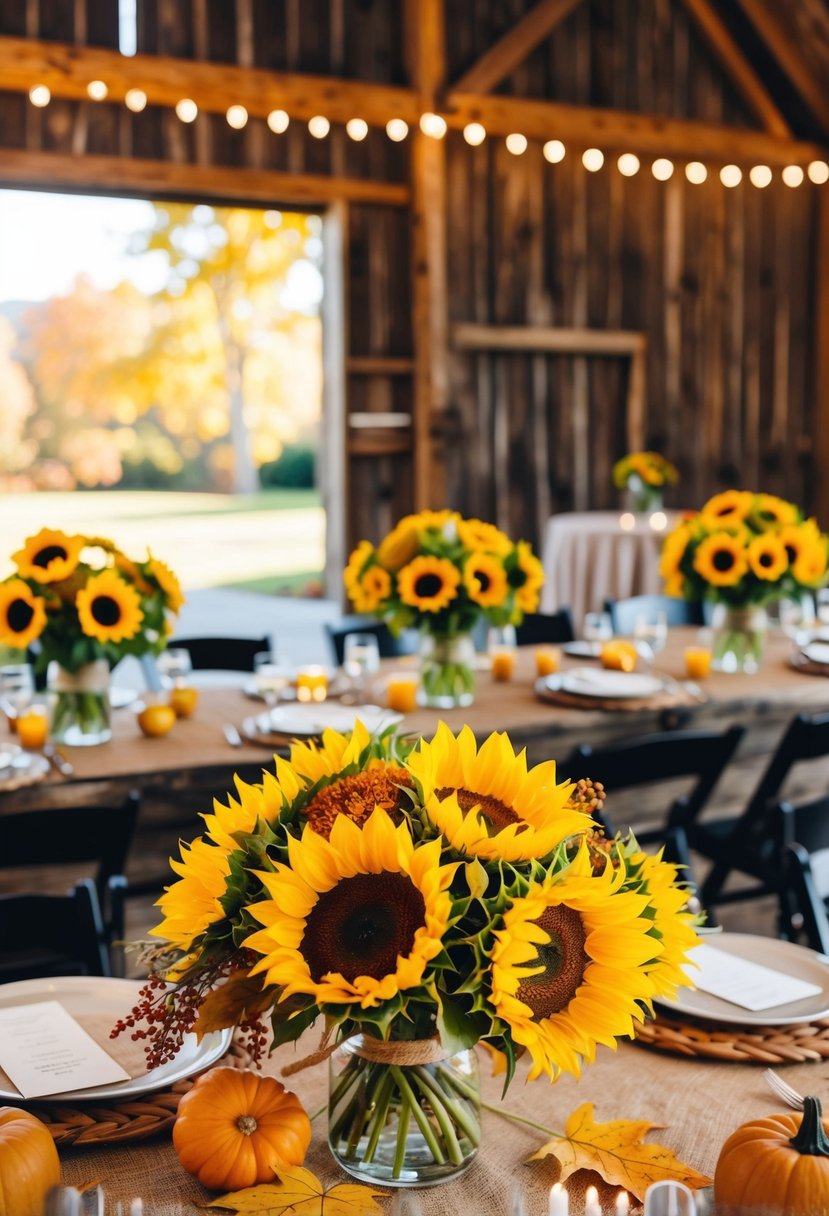 Golden yellow sunflowers and autumn leaves adorn rustic barn tables for a fall wedding